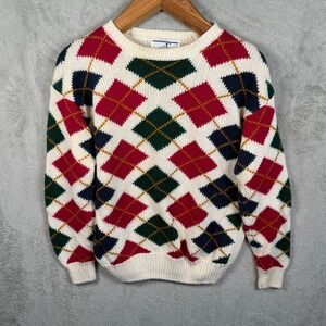 Accordeon Sweater Women M White Argyle L/S Ramie Cotton Knit Vintage Pullover